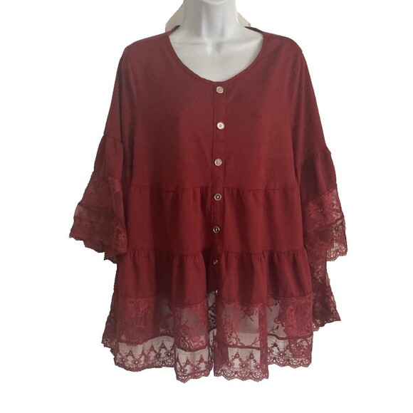 Emery Rose Women's Top 1X Burgundy Tiered Babydoll Lace Peasant Cottagecore NWOT - Picture 12 of 12